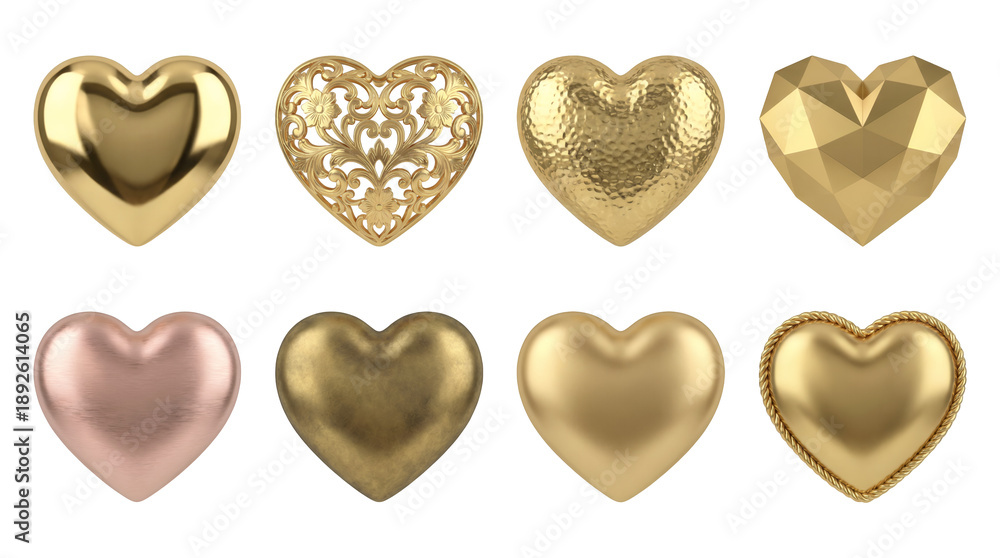 Fototapeta premium Gold heart set including filigree, hammered, low poly, brushed, and rope border styles isolated. Elegant jewelry and romantic decor collection.