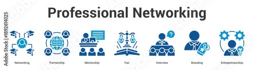Professional Networking web banner icon set vector illustration concept for business with icon of Networking, Partnership, Mentorship, Fair, Intervi.