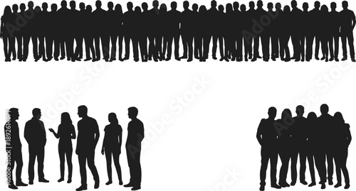 Diverse people silhouette set featuring disabled wheelchair users standing groups talking adults and large crowd for community inclusion and social diversity