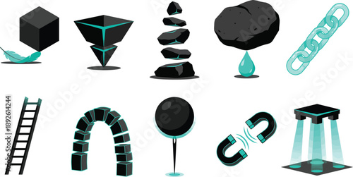 Abstract balanced physics vectors with feather weight inverted pyramid rocks in monochrome teal for impossible structural branding design