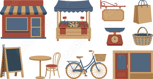 Neighborhood market small business icons with storefront awning market stall shopping bag in slate blue brick red tan for local commerce branding design