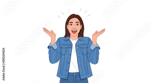 Excited Young Woman in Denim Jacket with Surprised Expression and Hands Raised Energetic Lifestyle Illustration