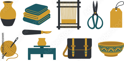 Handmade craft artisanal goods icons with ceramic vase textiles loom scissors in mustard teal charcoal for maker creative branding design