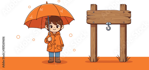 Cute little child holding umbrella in rainy weather beside wooden signboard, autumn season cartoon illustration concept