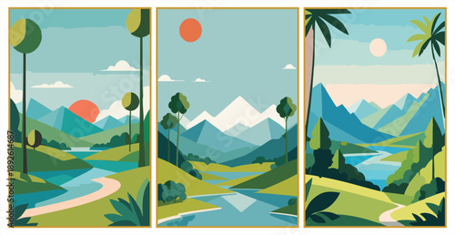 Set of three modern geometric landscapes in a vibrant flat design style. Illustrations featuring sharp teal mountains, winding blue rivers, and stylized green trees under a bright sun. Modern vector a