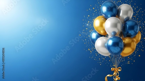 Vibrant blue background with floating balloons and confetti
