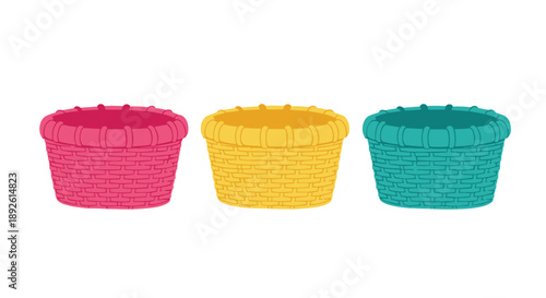 Three Large Woven Storage Baskets in Pink Yellow and Teal Vibrant Wicker Containers for Home Organization