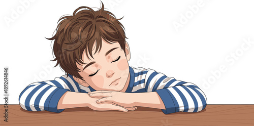 Cute sleepy little boy resting head on table, peaceful child portrait, adorable cartoon illustration for bedtime concept