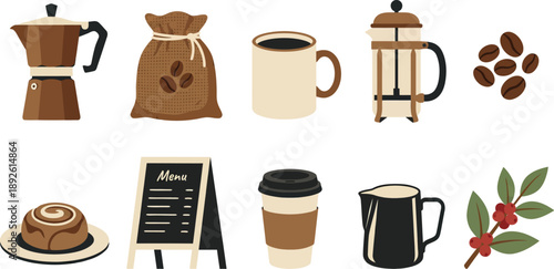Local coffee culture café elements with moka pot coffee beans mug french press in coffee brown cream black for coffeehouse branding design