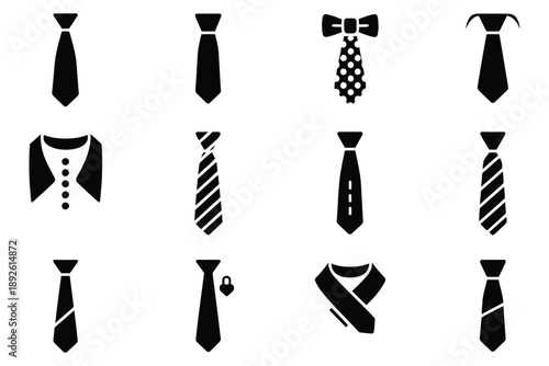 Collection of black silhouette icons representing various styles of neckties and bow ties for formal wear accessories and fashion concepts