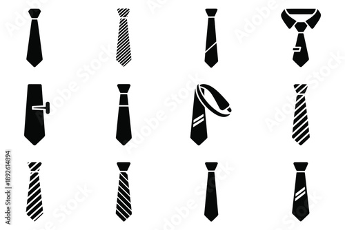 Assortment of black silhouette vector icons displaying different kinds of men's neckties including standard straight striped and clip on styles