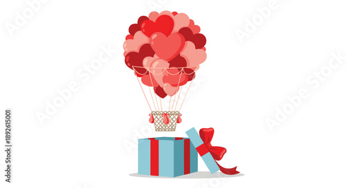 Romantic Heart-Shaped Hot Air Balloon Rising from Gift Box Festive Valentine or Wedding Celebration Concept