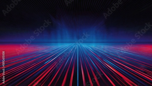 A vibrant abstract composition with converging linear elements, creating an illusion of depth and movement. Primarily red and blue hues