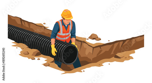 Construction Professional Installing a Large Black Drainage Pipe in an Excavated Trench Infrastructure Project
