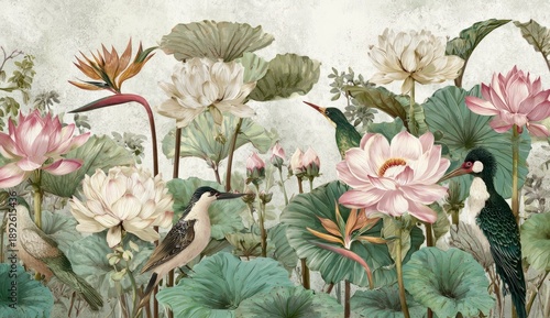 A vintage-style mural depicts lush floral elements with birds amongst large lotus leaves and blooms. The color palette is soft