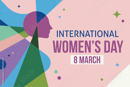 Abstract illustration for International Women's Day on March 8th, featuring a stylized female profile and geometric shapes on a pink background.