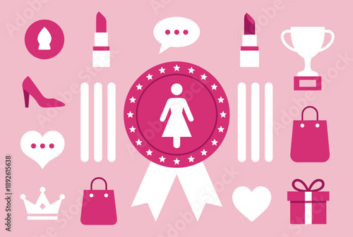 Vector illustration of various feminine icons including a medal with a female symbol, lipstick, high heels, shopping bags, and a trophy on a pink background.