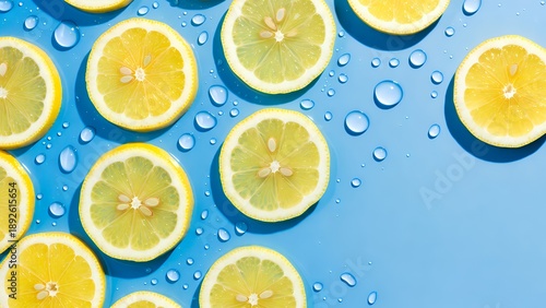 Zesty Citrus Freshness: Vibrant Lemon Slices on Blue Background with Water Drops