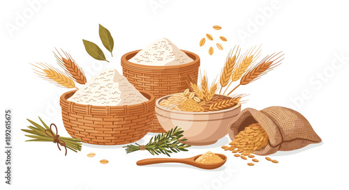 Rustic Still Life of Wheat Flour in Baskets Wheat Stalks and Grain Sacks Concept of Natural Baking and Harvest