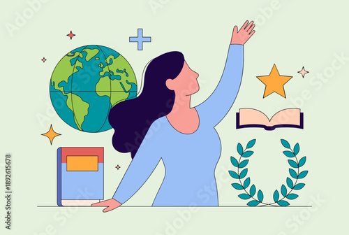 Illustration of a woman reaching for success, surrounded by symbols of education, global knowledge, and achievement on a light background.
