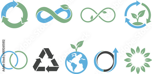 Circular economy sustainability loops with arrows Mobius infinity vine in sky blue sage green charcoal for recycling renewable branding design