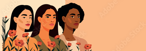 International Women's Day, March 8. Women of different cultures and nationalities stand together against a floral background. Vector banner with space for text. Symbol of diversity, unity, empowerment