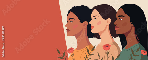 International Women's Day, March 8. Women of different cultures, nationalities standing stogether against backdrop flowers. Vector banner with space for text. Symbol diversity, unity, empowerment
