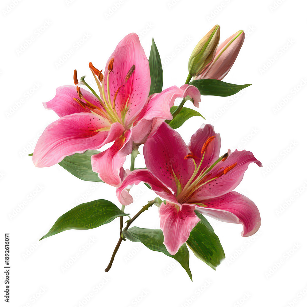 Fototapeta premium Pink lilies with green leaves isolated on a transparent background
