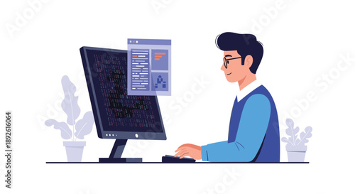 Male Programmer Working at Desktop Computer with Floating Code Windows Software Development and Coding Concept