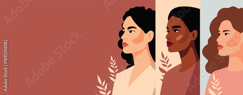 Vector banner with space for text for Women's Day, March 8. Women of different cultures, skin tones stand together against backdrop of  flowers. Gender equality, women's empowerment, feminism, freedom