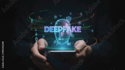 Futuristic concept of deepfake technology with a holographic human face and the word deepfake projecting from a smartphone held by a person, representing ai manipulation and cybersecurity threats