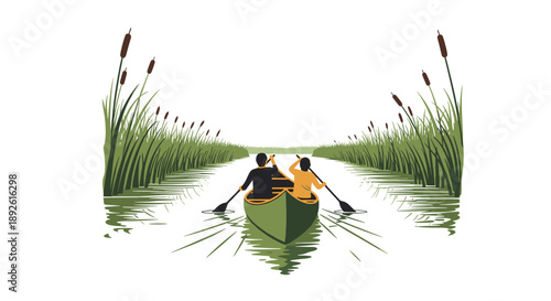 Two People Paddling Green Canoe Down Narrow River Path Between Tall Marsh Grass Reeds Under Clear Bright White Sky.