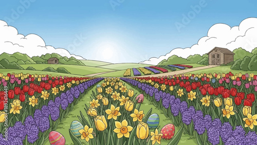 Rows of colorful flowers in field.