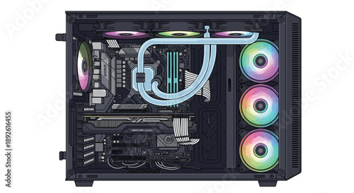 Internal View Of Modern Gaming PC Case With Glowing RGB Liquid Cooling System And Colorful Components Under Soft Light.