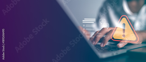Bild auf Leinwand Professional man typing on laptop with AI system error and warning triangle icon interface