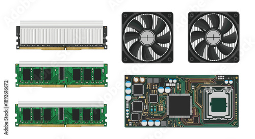 Desktop Computer Hardware Components Including RAM Memory Modules And Cooling Fans Isolated On Clean White Background.