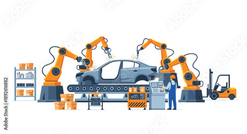 Automated Car Manufacturing Plant Using Robotic Arms For Chassis Assembly On Conveyor Belt Under Industrial Lighting.