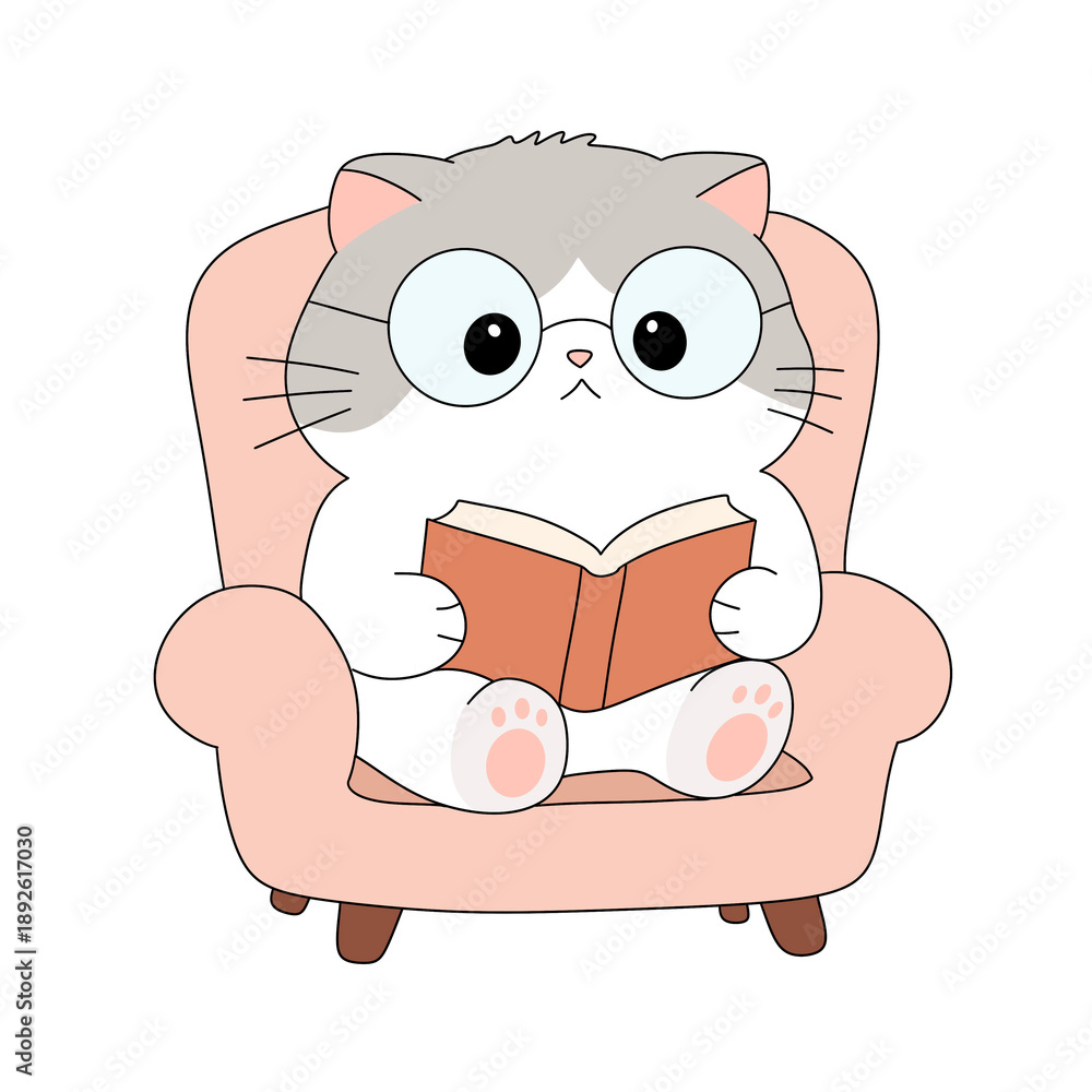 Obraz premium Illustration of Cat Reading A Book On A Couch