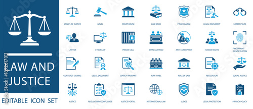 Law and Justice Icon Set. Modern Glyph Icons for Scales of Justice, Legal Documents, Courthouse, Regulatory Compliance, Cyber Law, and Attorney Services Concepts.