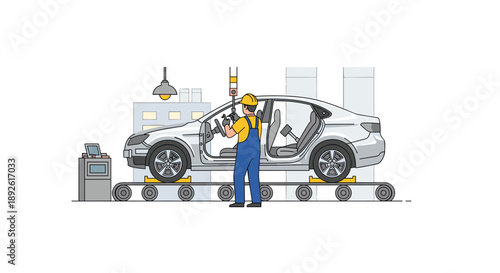Professional Auto Worker In Uniform Assembling Silver Sedan On Factory Conveyor Belt Under Bright Studio Lighting.