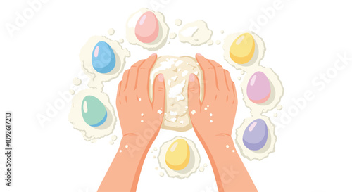 Top View Of Hands Kneading White Dough Surrounded By Colorful Pastel Easter Eggs On Clean White Surface.