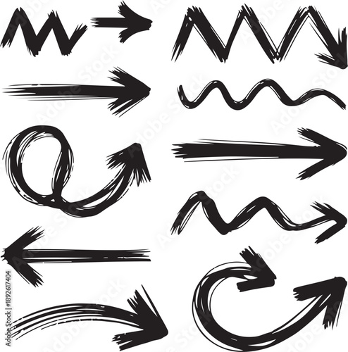 Hand drawn grunge arrow set with various directional shapes and styles 