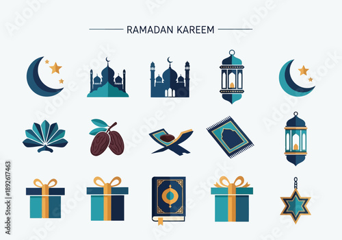  a gift box with a gold ribbon, a book (presumably the Quran), another gift box with a gold ribbon