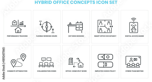 Hybrid office concepts icon set for performance tracking flexible hours smart office and remote work