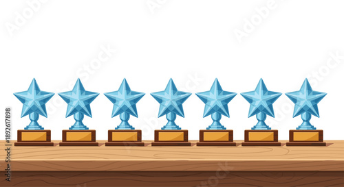 Set Of Seven Blue Glass Star Awards With Gold Bases Lined Up On A Polished Wooden Shelf.