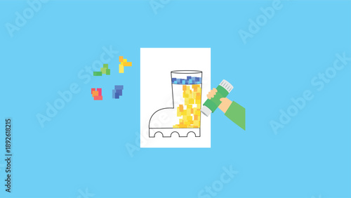 Hand holding glue and gluing a boot, vector illustration