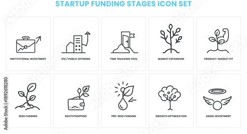 Startup funding stages icon set for investment IPO time tracking market expansion product fit