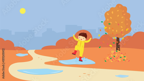 boy in raincoat jumping in puddle, autumn season vector illustration design