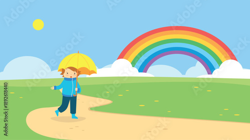 Little boy with umbrella and rainbow in the field. Vector illustration.