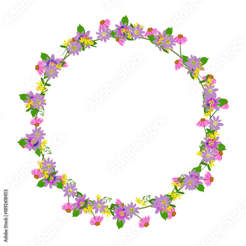 Cornice circolare con delicati fiori viola e gialli, illustrazione vettoriali